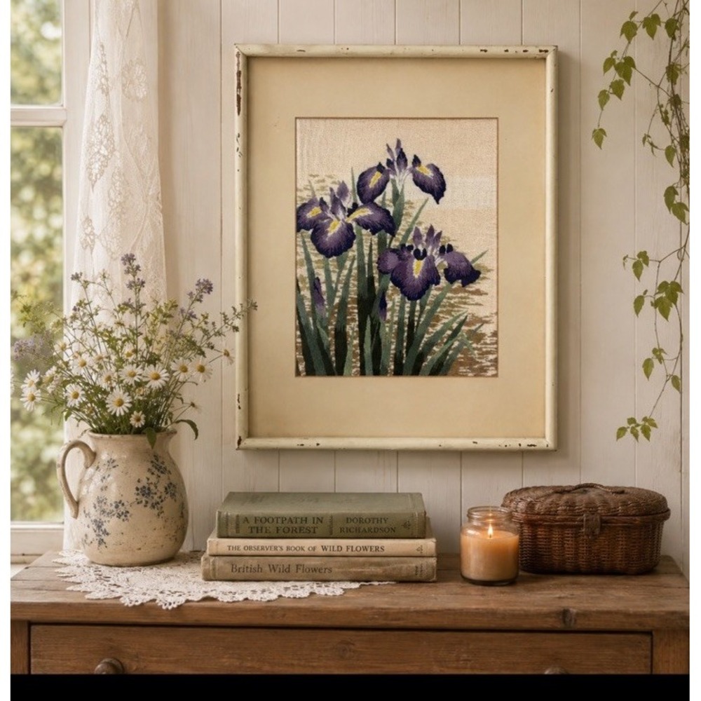 Vintage Iris Floral Embroidery Needlework Framed Textile Art Purple Flowers